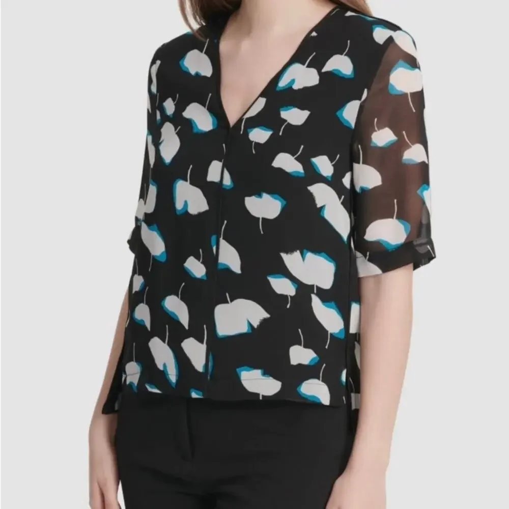 DKNY Floral Print V-Neck Elbow Sleeve L